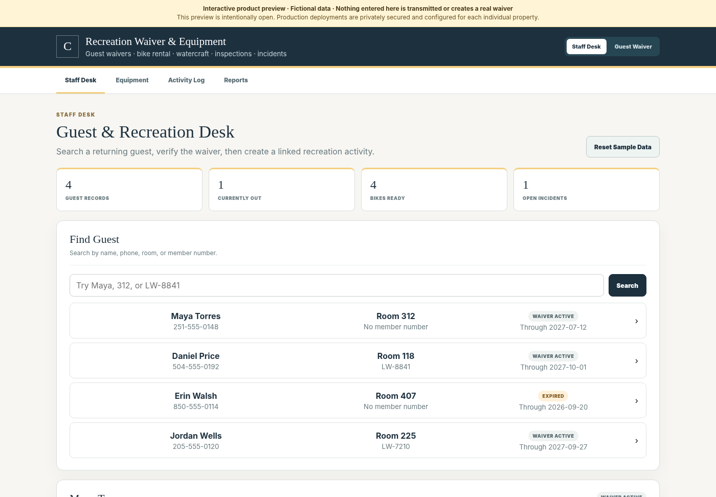 Recreation Waiver and Equipment staff operations interface