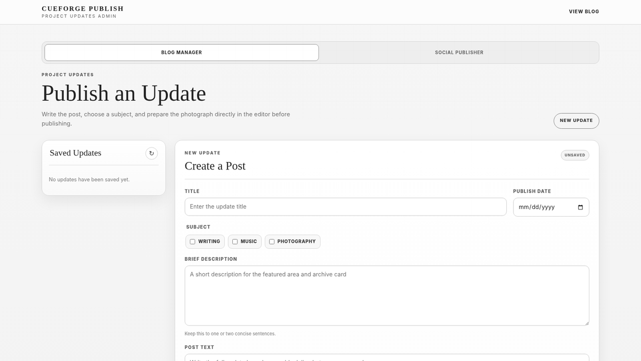 CueForge Publish school-prototype editor, source-rendered interface