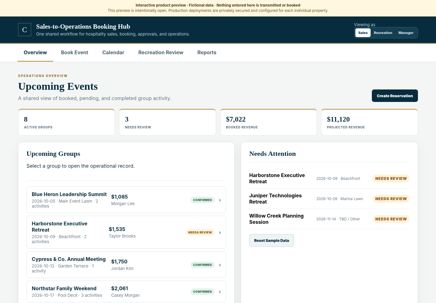 Sales-to-Operations Booking Hub sample calendar with fictional hotel events
