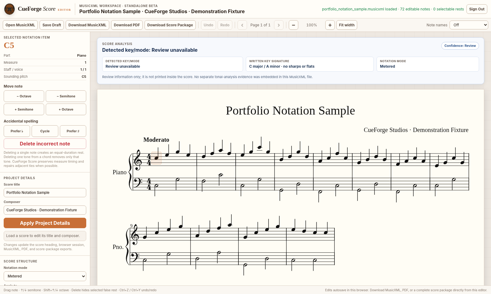 Actual notation editor with selected note controls and labeled sample MusicXML