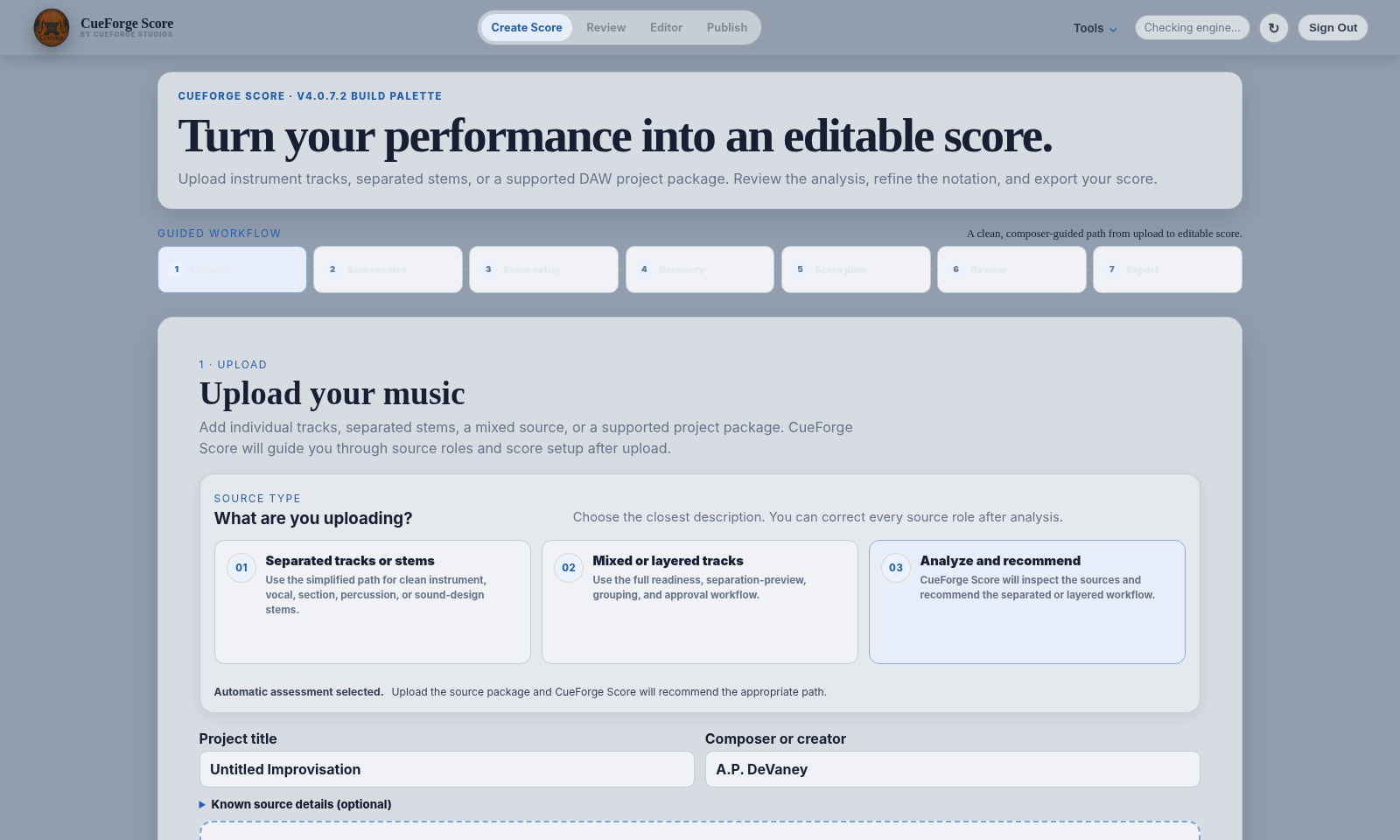 Actual Score source preparation and upload interface