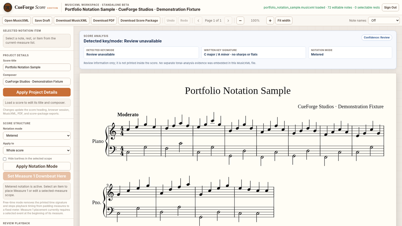Score notation editor with a labeled sample MusicXML score